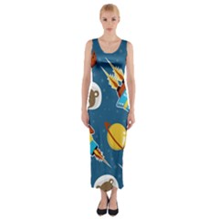 Seamless-pattern-vector-with-spacecraft-funny-animals-astronaut Fitted Maxi Dress