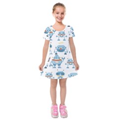 Seamless Pattern With Funny Robot Cartoon Kids  Short Sleeve Velvet Dress