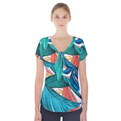 Leaves Tropical Exotic Short Sleeve Front Detail Top