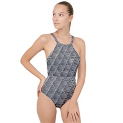 Grid Wire Mesh Stainless Rods Metal High Neck One Piece Swimsuit by artworkshop