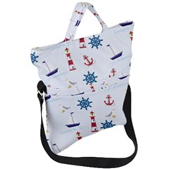 Lighthouse Sail Boat Seagull Fold Over Handle Tote Bag by artworkshop