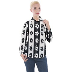 Black-and-white-flower-pattern-by-zebra-stripes-seamless-floral-for-printing-wall-textile-free-vecto Women s Long Sleeve Pocket Shirt