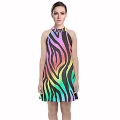 Rainbow Zebra Stripes Velvet Halter Neckline Dress  by nate14shop