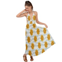 Flowers-gold-blue Backless Maxi Beach Dress by nate14shop