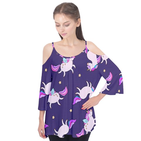 Fantasy-fat-unicorn-horse-pattern-fabric-design Flutter Sleeve Tee  by Jancukart