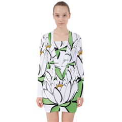 Lotus-flower-water-lily V-neck Bodycon Long Sleeve Dress