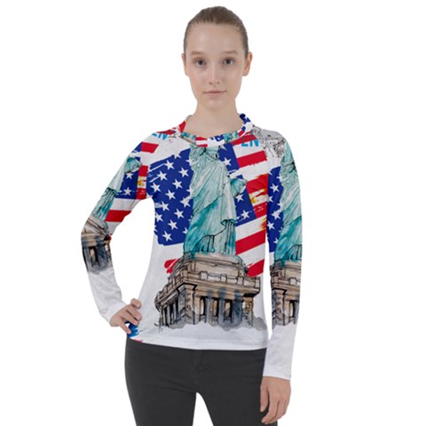 Statue Of Liberty Independence Day Poster Art Women s Pique Long Sleeve Tee by Jancukart