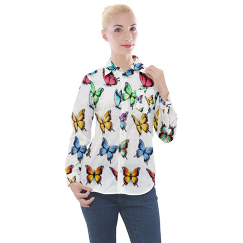 Big Collection Off Colorful Butterfiles Women s Long Sleeve Pocket Shirt by nate14shop