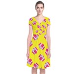 Pink Gift Boxes Yellow Short Sleeve Front Wrap Dress