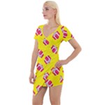 Pink Gift Boxes Yellow Short Sleeve Asymmetric Mini Dress