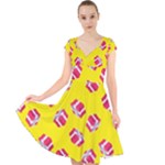 Pink Gift Boxes Yellow Cap Sleeve Front Wrap Midi Dress