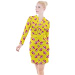 Pink Gift Boxes Yellow Button Long Sleeve Dress