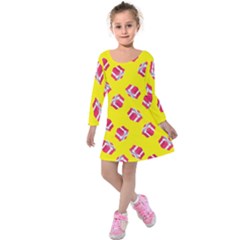 Pink Gift Boxes Yellow Kids  Long Sleeve Velvet Dress by FunDressesShop