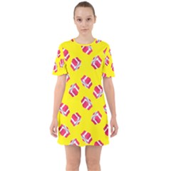 Pink Gift Boxes Yellow Sixties Short Sleeve Mini Dress by FunDressesShop