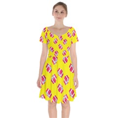 Pink Gift Boxes Yellow Short Sleeve Bardot Dress by FunDressesShop