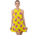 Pink Gift Boxes Yellow Halter Tie Back Chiffon Dress