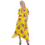 Pink Gift Boxes Yellow Cross Front Sharkbite Hem Maxi Dress