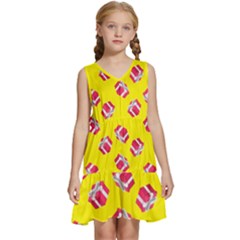 Pink Gift Boxes Yellow Kids  Sleeveless Tiered Mini Dress by FunDressesShop