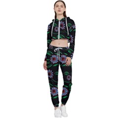 Folk Flowers Print Floral Pattern Ethnic Art Cropped Zip Up Lounge Set by Eskimos