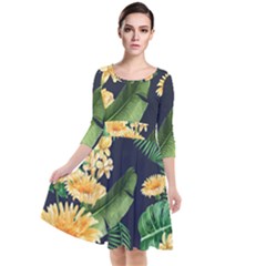 Sea Of Yellow Flowers Quarter Sleeve Waist Band Dress by HWDesign