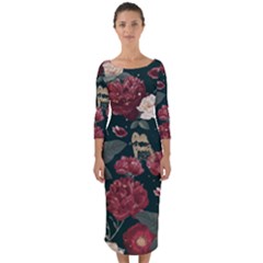 Magic Of Roses Quarter Sleeve Midi Bodycon Dress by HWDesign