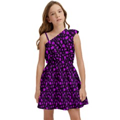 Small Bright Dayglo Purple Halloween Motifs Skulls, Spells & Cats On Spooky Black Kids  One Shoulder Party Dress by PodArtist