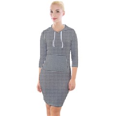 Soot Black And White Handpainted Houndstooth Check Watercolor Pattern Quarter Sleeve Hood Bodycon Dress