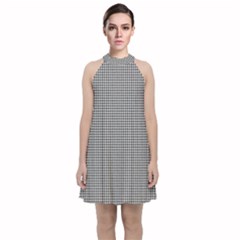 Soot Black And White Handpainted Houndstooth Check Watercolor Pattern Velvet Halter Neckline Dress 