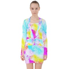 Background-drips-fluid-colorful V-neck Bodycon Long Sleeve Dress