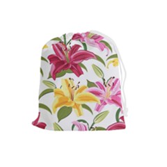 Lily-flower-seamless-pattern-white-background 001 Drawstring Pouch (large) by nate14shop