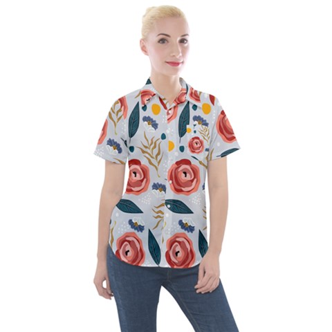 Seamless-floral-pattern Women s Short Sleeve Pocket Shirt by nate14shop