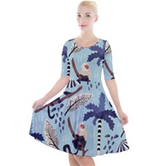 Tropical-leaves-seamless-pattern-with-monkey Quarter Sleeve A-line Dress by nate14shop