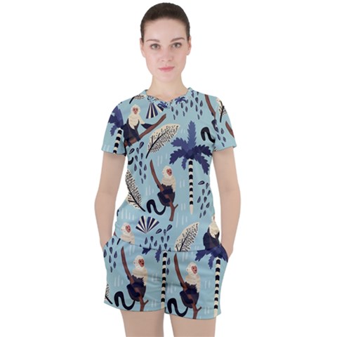 Tropical-leaves-seamless-pattern-with-monkey Women s Tee And Shorts Set by nate14shop