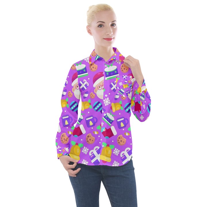 Flat-christmas-pattern-design Women s Long Sleeve Pocket Shirt