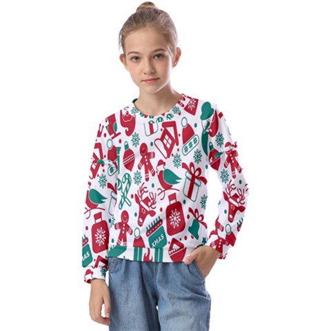 Chrismas Pattern Kids  Long Sleeve Tee With Frill  by nate14shop