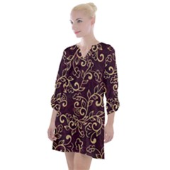 Golden Purple Flower Ornament Open Neck Shift Dress by HWDesign