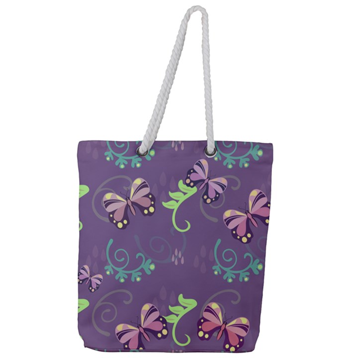 Background-butterfly Purple Full Print Rope Handle Tote (Large)