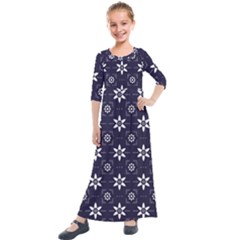 White Blue Floral Pattern Kids  Quarter Sleeve Maxi Dress by designsbymallika