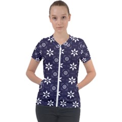 White Blue Floral Pattern Short Sleeve Zip Up Jacket by designsbymallika