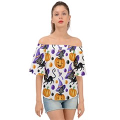 Halloween Cat Pattern Off Shoulder Short Sleeve Top by designsbymallika