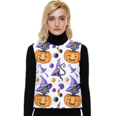 Halloween Cat Pattern Women s Short Button Up Puffer Vest by designsbymallika