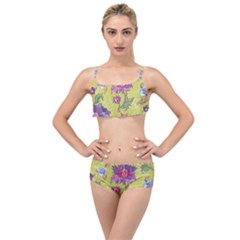 Blue Purple Floral Pattern Layered Top Bikini Set by designsbymallika