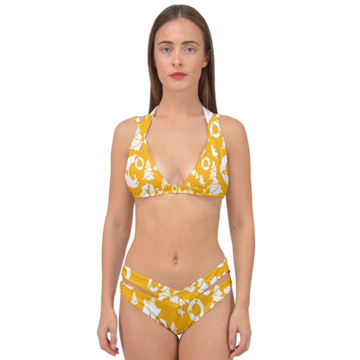 Backdrop-yellow-white Double Strap Halter Bikini Set