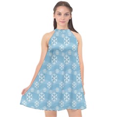 Snowflakes, White Blue Halter Neckline Chiffon Dress  by nateshop