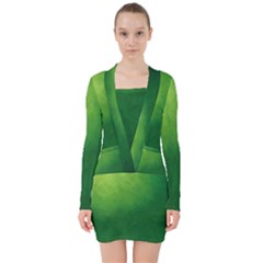 Light Green Abstract V-neck Bodycon Long Sleeve Dress by nateshop