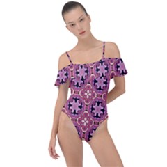 Abstract-background-motif Frill Detail One Piece Swimsuit by nateshop