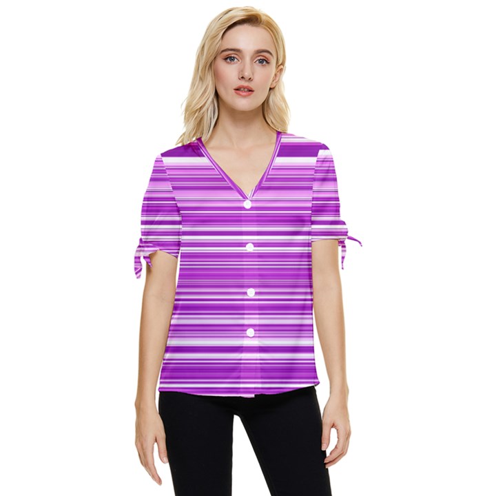 Pattern-purple Lines Bow Sleeve Button Up Top