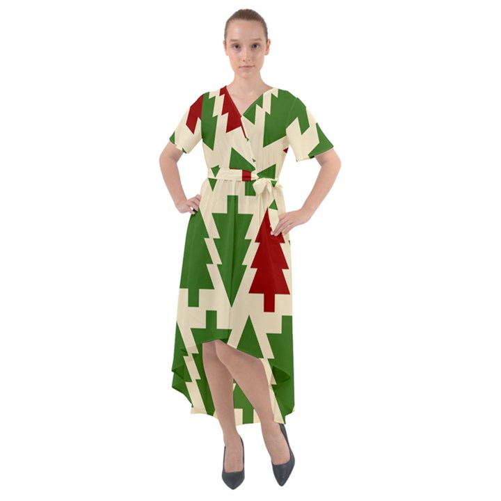  Christmas Trees Holiday Front Wrap High Low Dress