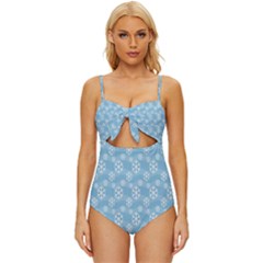 Snowflakes, White Blue Knot Front One-piece Swimsuit by nateshop
