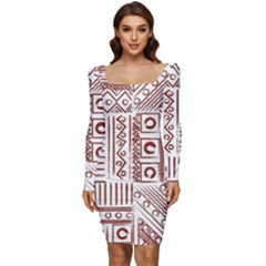 Tribal Pattern Vintage Texture Women Long Sleeve Ruched Stretch Jersey Dress